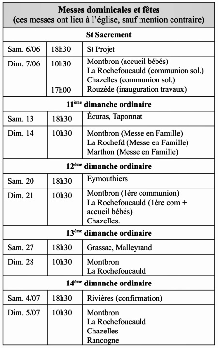 Horaires des messes dominicales.