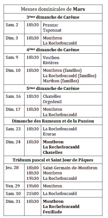 Horaires des messes dominicales.