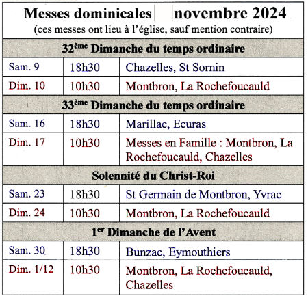 Horaires des messes dominicales.