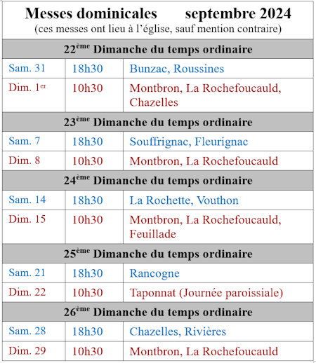 Horaires des messes dominicales.