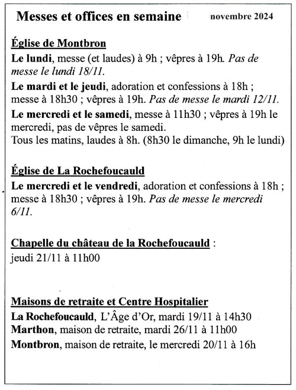 Horaires des messes de semaine en novembre .