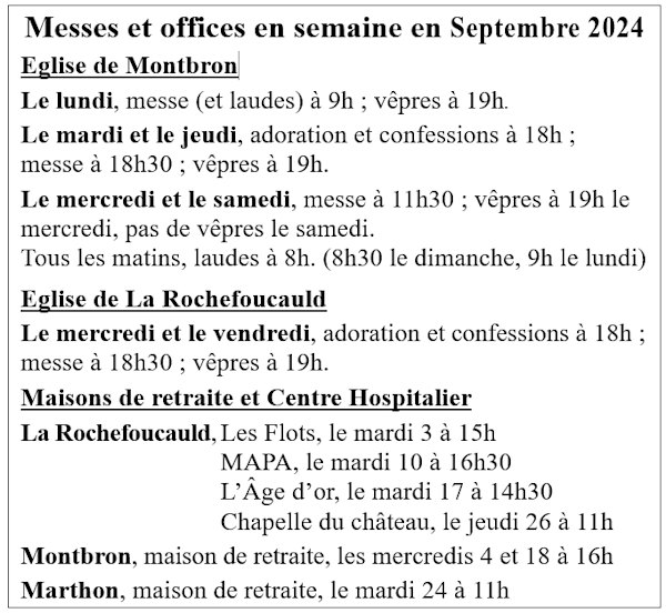 Horaires des messes de semaine en septembre .